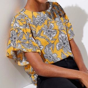 LOFT Abstract Floral Ruffle Sleeve Blouse